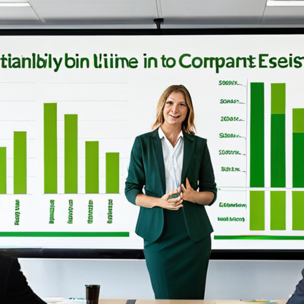 **
A sustainability consultant giving a presentation to a group of executives. The presentation includes a visually appealing chart showing the positive impact of a sustainability initiative on both the environment and the company's bottom line. Focus on a modern office setting and professional attire. Include subtle green accents in the presentation visuals and room decor to represent sustainability.
**