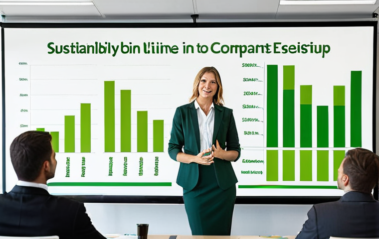 **
A sustainability consultant giving a presentation to a group of executives. The presentation includes a visually appealing chart showing the positive impact of a sustainability initiative on both the environment and the company's bottom line. Focus on a modern office setting and professional attire. Include subtle green accents in the presentation visuals and room decor to represent sustainability.
**
