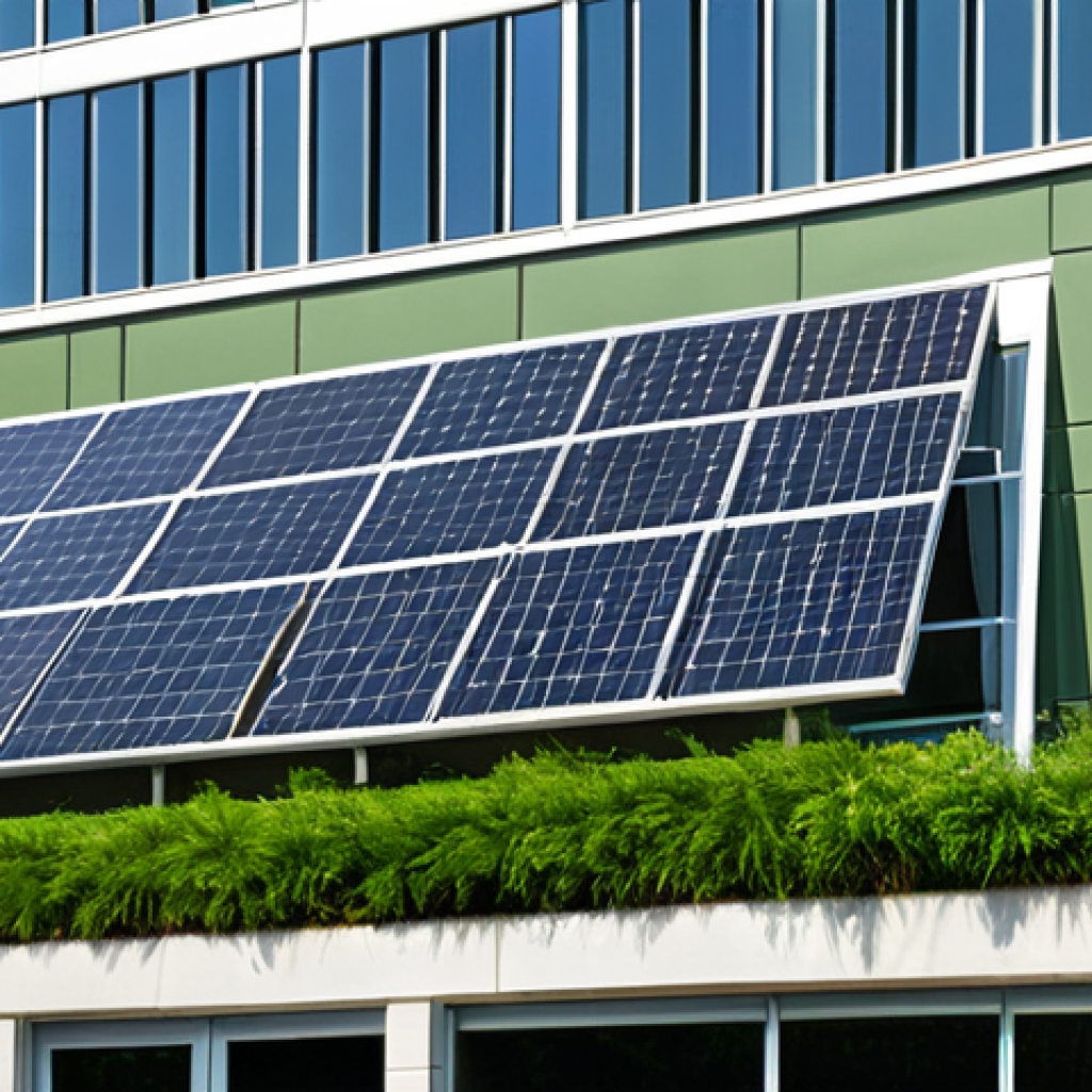 LEED Certified Green Building**
"A modern, sustainable office building with solar panels and a green roof, showcasing LEED certification plaque. Emphasize energy efficiency and environmental design."
**