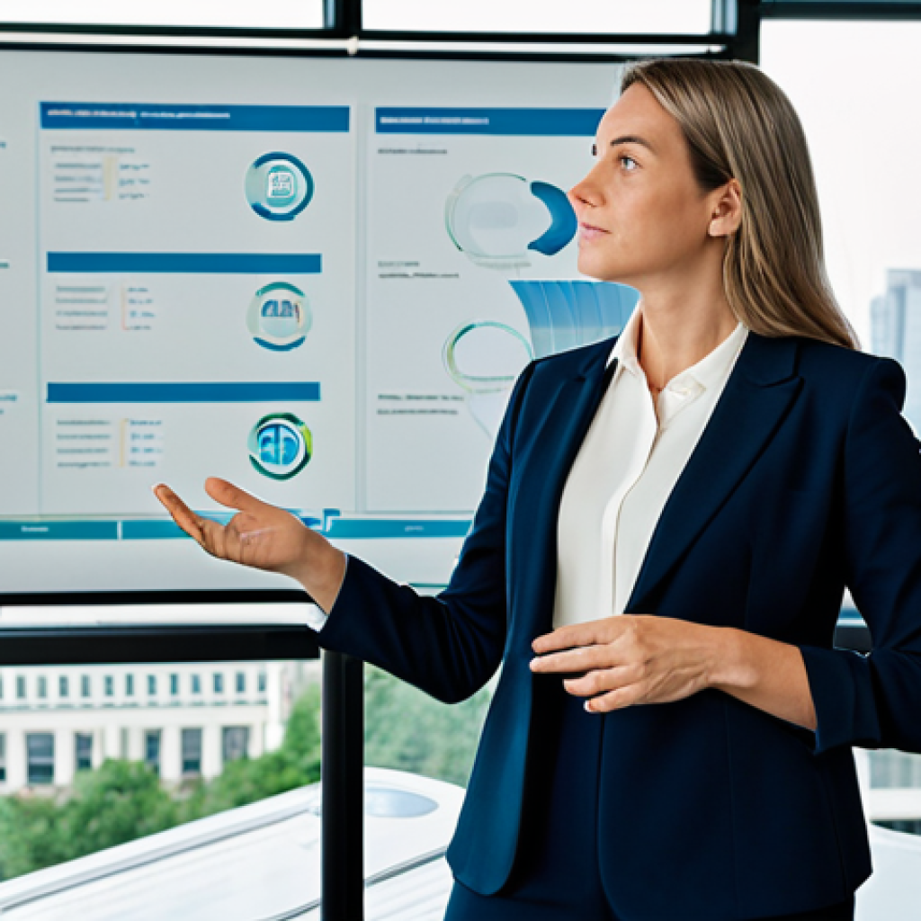 A focused female sustainability consultant in a modest business suit, standing confidently in a modern, well-lit boardroom. She gestures towards a large interactive screen displaying a complex, organized sustainability roadmap intertwined with financial projections. The room is sophisticated with sleek furniture and large windows revealing a city skyline under natural lighting. Fully clothed, appropriate attire, perfect anatomy, correct proportions, natural pose, well-formed hands, proper finger count, natural body proportions, professional photography, high quality, safe for work, appropriate content, family-friendly.