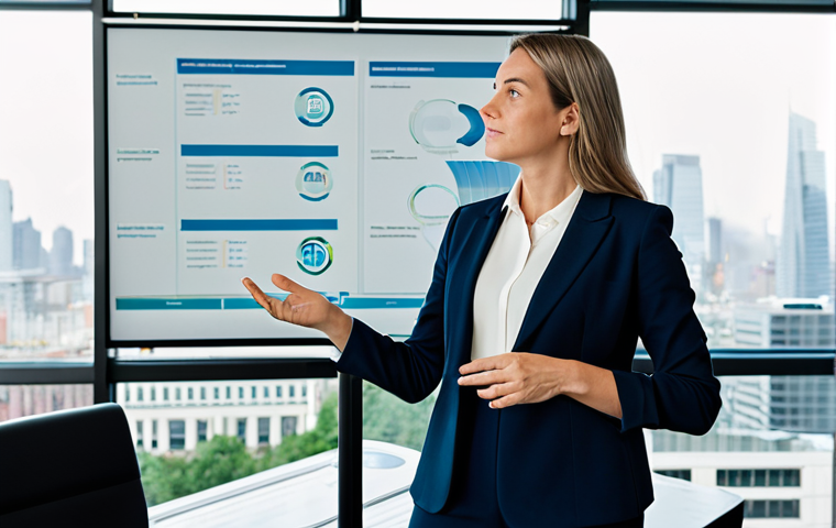 A focused female sustainability consultant in a modest business suit, standing confidently in a modern, well-lit boardroom. She gestures towards a large interactive screen displaying a complex, organized sustainability roadmap intertwined with financial projections. The room is sophisticated with sleek furniture and large windows revealing a city skyline under natural lighting. Fully clothed, appropriate attire, perfect anatomy, correct proportions, natural pose, well-formed hands, proper finger count, natural body proportions, professional photography, high quality, safe for work, appropriate content, family-friendly.