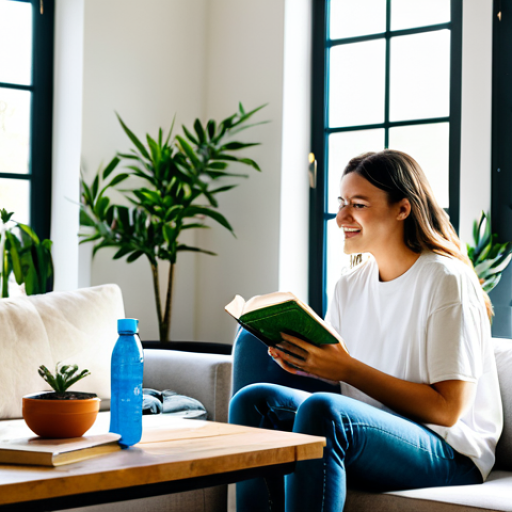 Sustainable Living in a Modern Home**
"A bright, airy living room showcasing sustainable choices. The scene includes: Potted plants, a reusable water bottle on a wooden table, books on conscious consumption, and a person reading while sitting on a sofa made from recycled materials. Sunlight streams through a large window. The person is fully clothed in modest, comfortable attire. Safe for work, appropriate content, family-friendly, perfect anatomy, natural proportions, well-formed hands, professional photography, high quality."
**