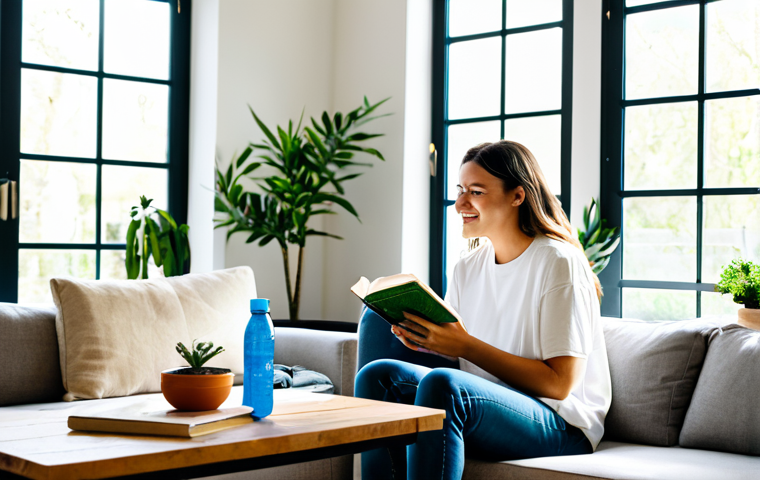 Sustainable Living in a Modern Home**
"A bright, airy living room showcasing sustainable choices. The scene includes: Potted plants, a reusable water bottle on a wooden table, books on conscious consumption, and a person reading while sitting on a sofa made from recycled materials. Sunlight streams through a large window. The person is fully clothed in modest, comfortable attire. Safe for work, appropriate content, family-friendly, perfect anatomy, natural proportions, well-formed hands, professional photography, high quality."
**
