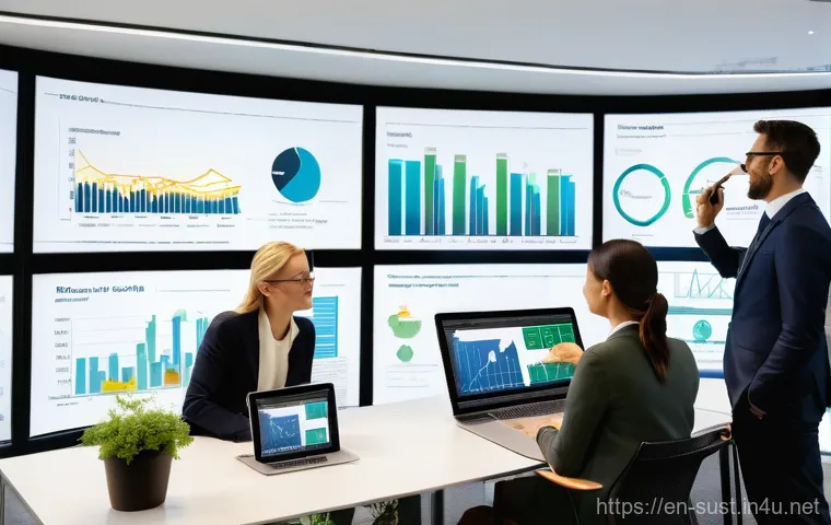 지속가능성 컨설팅 경력 개발 로드맵 - **Prompt 1: Data-Driven Sustainability Consulting Team**
A vibrant, high-angle wide shot of a di...