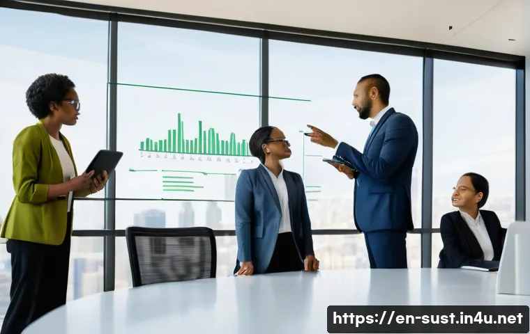 지속가능성 컨설팅 윤리 및 책임 - **Prompt:** A diverse group of five sustainability consultants and company stakeholders (men and wom...