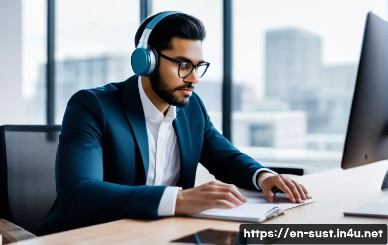 지속가능성 컨설턴트를 위한 시간 관리 팁 - **A focused sustainability consultant engaged in deep work.** The scene is a modern, clean office sp...