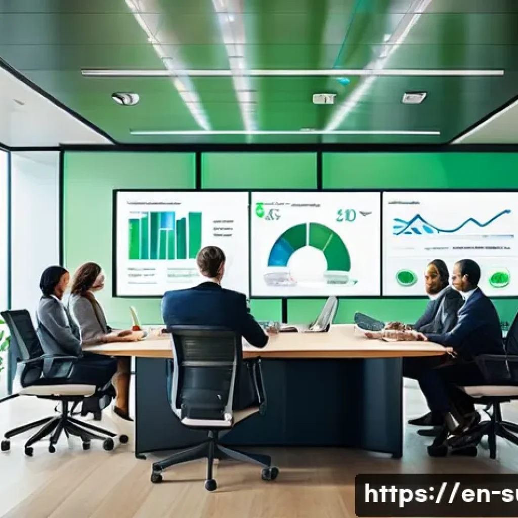 지속가능성 경영 컨설팅의 주요 이슈 - A modern corporate boardroom scene with diverse executives collaborating on sustainability strategy,...