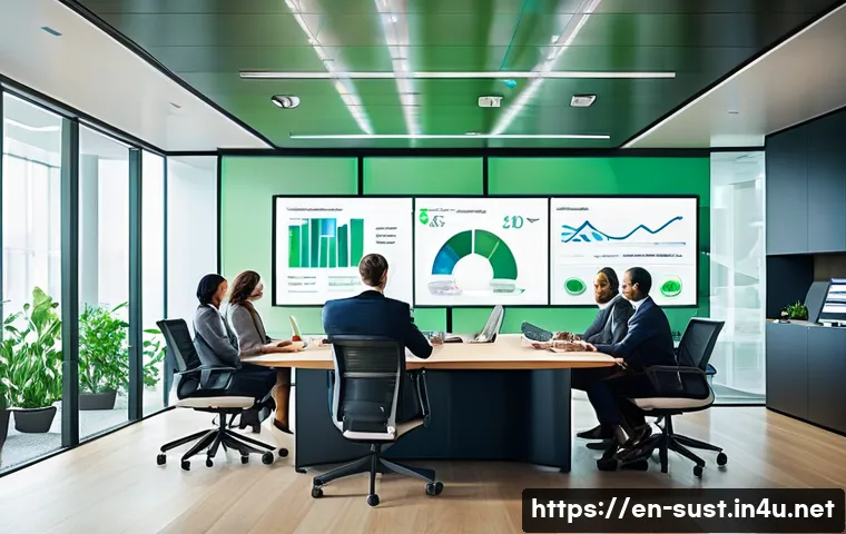 지속가능성 경영 컨설팅의 주요 이슈 - A modern corporate boardroom scene with diverse executives collaborating on sustainability strategy,...