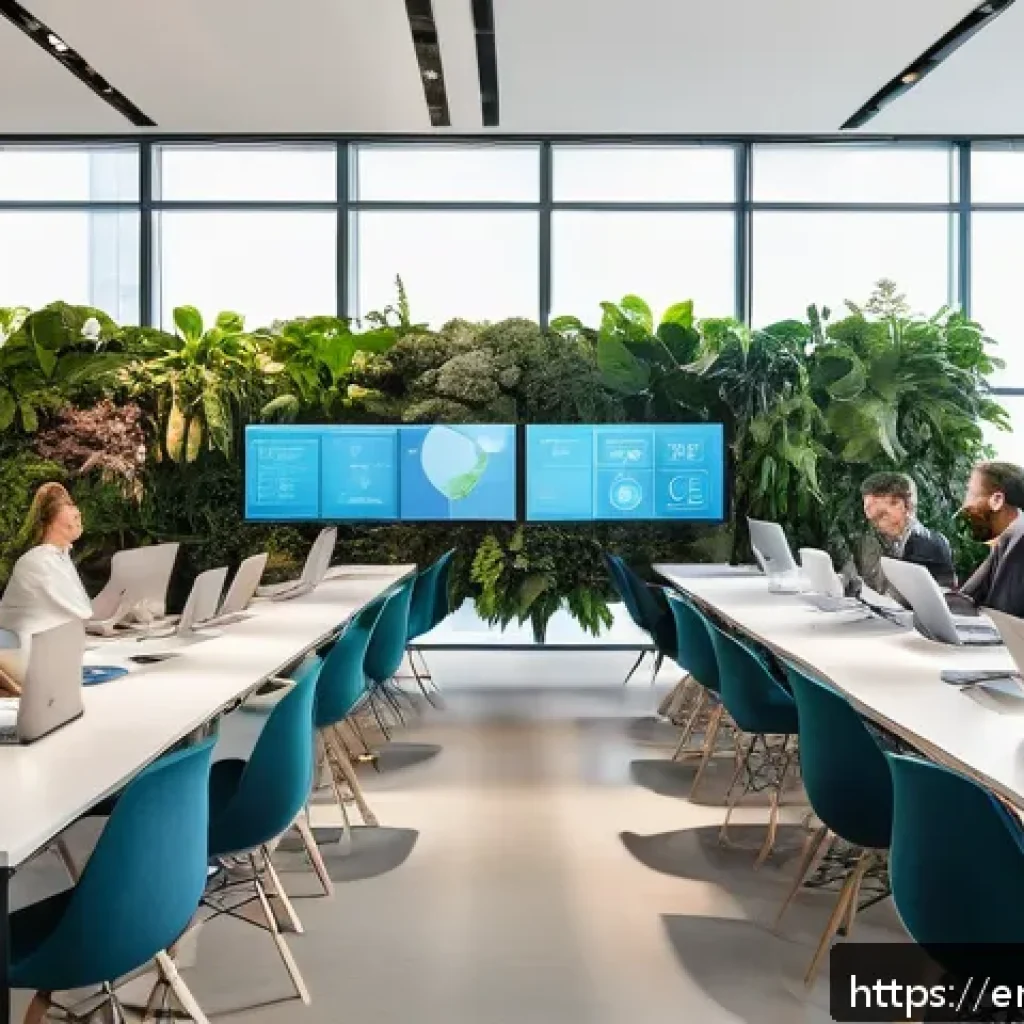 ESG 전략과 지속가능성 컨설팅의 역할 - A modern, bright corporate office scene showing a diverse group of professionals engaged in a sustai...