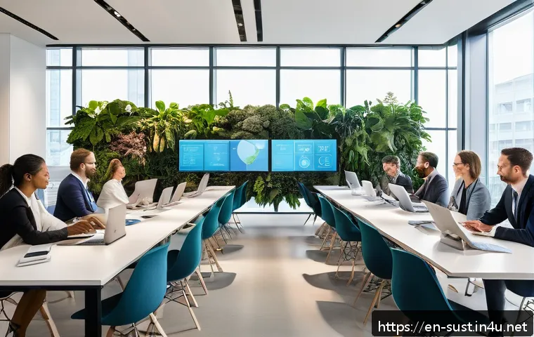 ESG 전략과 지속가능성 컨설팅의 역할 - A modern, bright corporate office scene showing a diverse group of professionals engaged in a sustai...