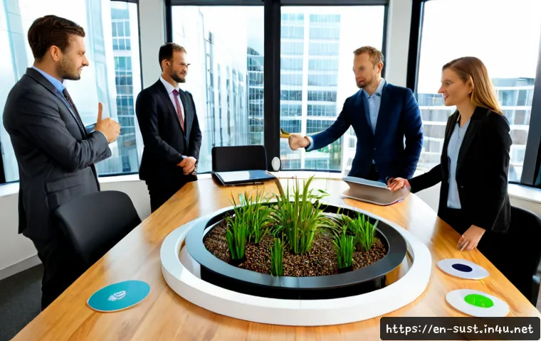 지속가능성 컨설팅 트렌드 2025 - Photorealistic sustainability consulting meeting in a modern American corporate office, diverse team...
